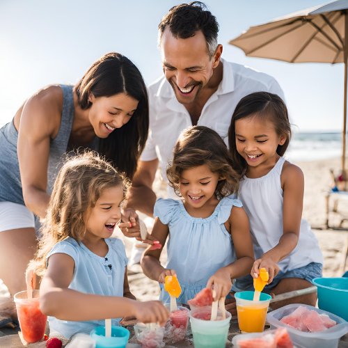 Family making popsicles on the beach
